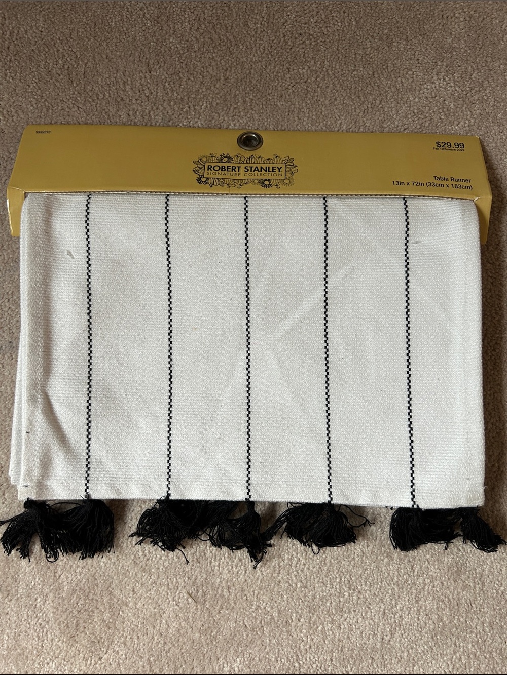 NEW Robert Stanley Cream and Black Striped Table Runner with Tassels